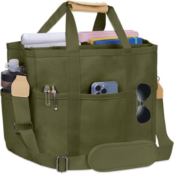 Handbags - Large Canvas Tote Bag with Multiple Pockets, Travel Work Shoulder Bag